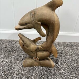 Wooden Dolphin Sculpture - Brown Decorative Home Art